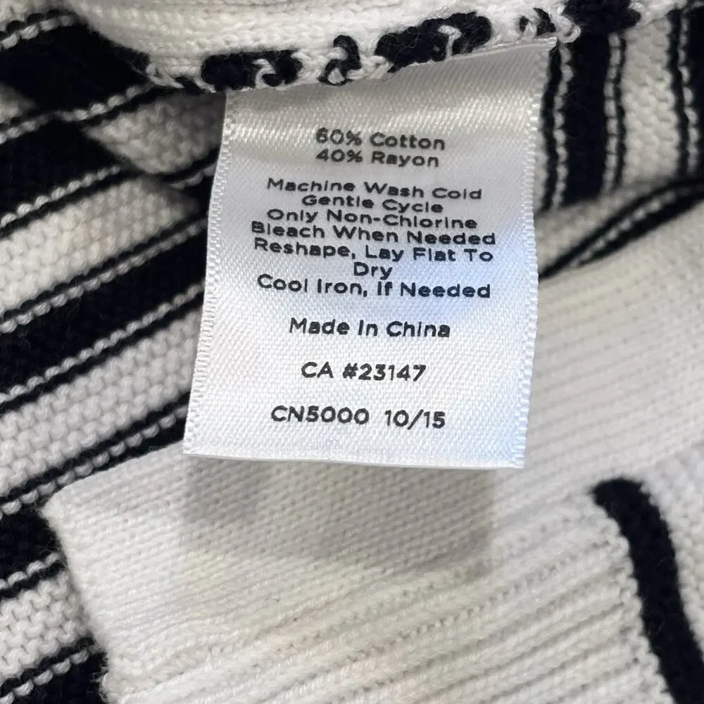 Talbots Black & White Graduated Stripes Tunic Sweater Split Hem 3/4 Sleeve Large